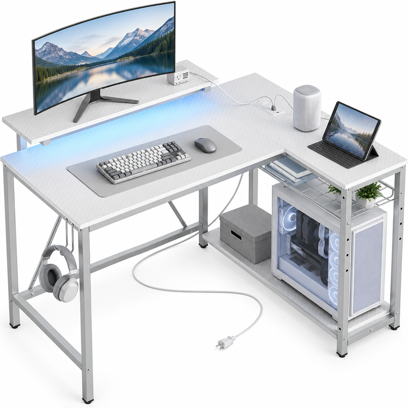 L-shaped gaming desk with LED lighting - multiple monitors and a PC setup