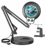 Black 10X LED magnifying lamp shown in base-mount and clamp-mount setups with USB power adapter