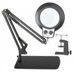 Black 10X LED magnifying lamp shown in base-mount and clamp-mount setups with USB power adapter