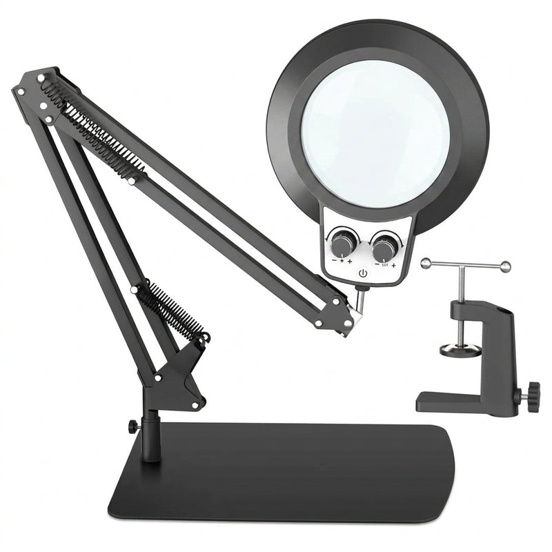 Black 10X LED magnifying lamp shown in base-mount and clamp-mount setups with USB power adapter