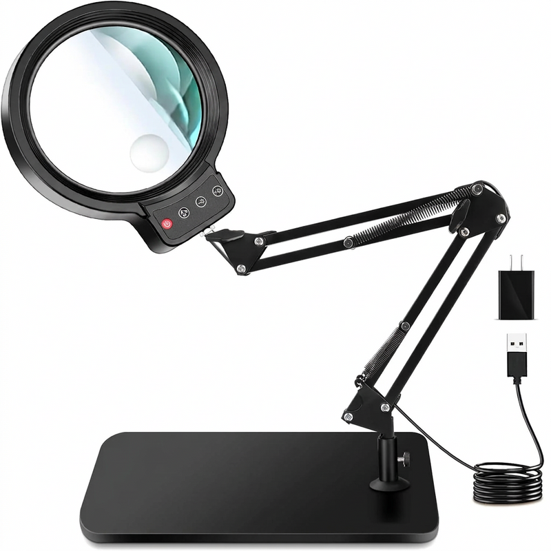 Black 10X LED magnifying lamp shown in base-mount and clamp-mount setups with USB power adapter