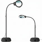 Black 10X LED magnifying lamp shown in base-mount and clamp-mount setups with USB power adapter