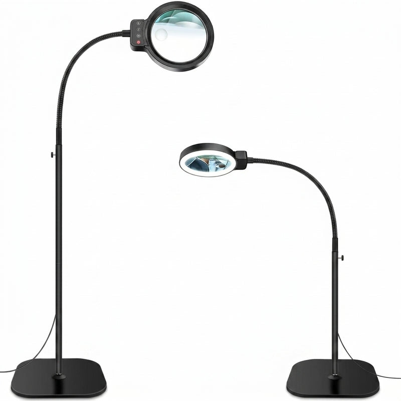 Black 10X LED magnifying lamp shown in base-mount and clamp-mount setups with USB power adapter