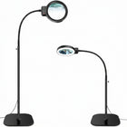 Black 10X LED magnifying lamp shown in base-mount and clamp-mount setups with USB power adapter