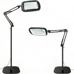 Black 10X LED magnifying lamp shown in base-mount and clamp-mount setups with USB power adapter