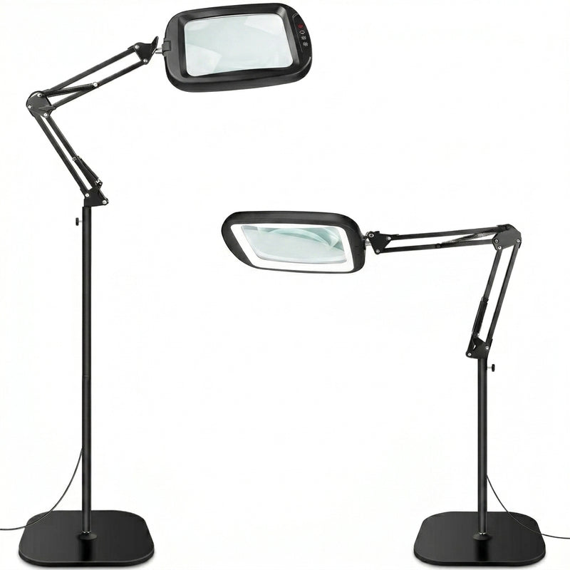 Black 10X LED magnifying lamp shown in base-mount and clamp-mount setups with USB power adapter