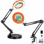 Black 10X LED magnifying lamp shown in base-mount and clamp-mount setups with USB power adapter