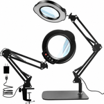 Black 10X LED magnifying lamp shown in base-mount and clamp-mount setups with USB power adapter