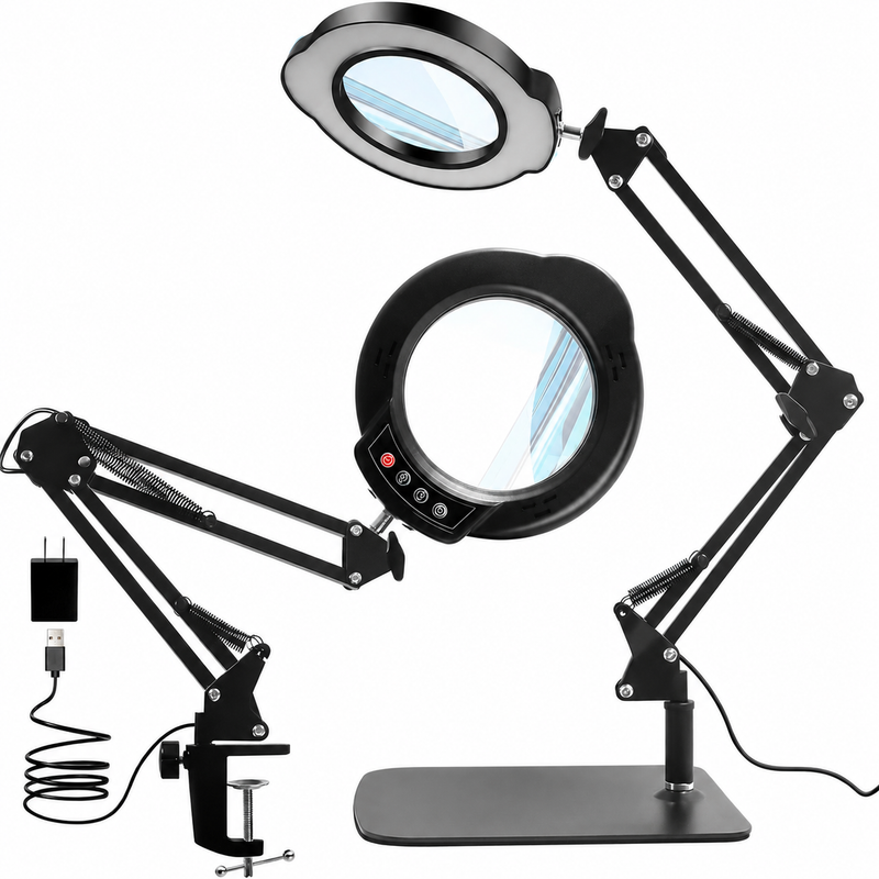 Black 10X LED magnifying lamp shown in base-mount and clamp-mount setups with USB power adapter