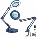 Black 10X LED magnifying lamp shown in base-mount and clamp-mount setups with USB power adapter