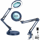 Black 10X LED magnifying lamp shown in base-mount and clamp-mount setups with USB power adapter