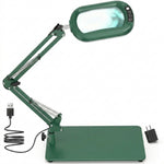Black 10X LED magnifying lamp shown in base-mount and clamp-mount setups with USB power adapter