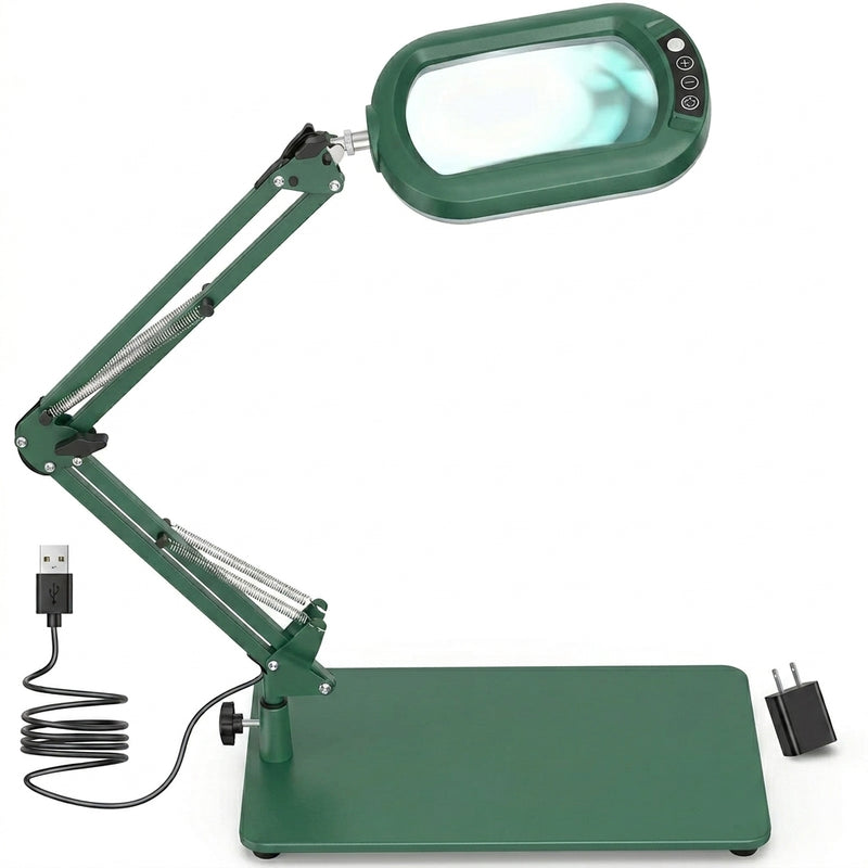 Black 10X LED magnifying lamp shown in base-mount and clamp-mount setups with USB power adapter