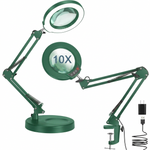 Black 10X LED magnifying lamp shown in base-mount and clamp-mount setups with USB power adapter