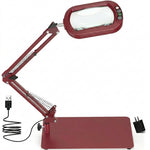 Black 10X LED magnifying lamp shown in base-mount and clamp-mount setups with USB power adapter