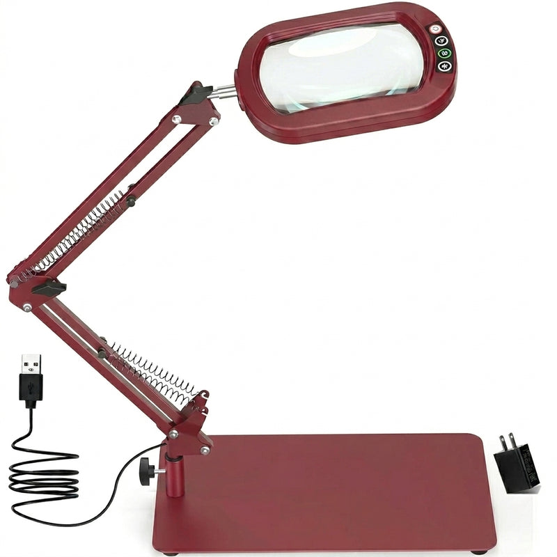 Black 10X LED magnifying lamp shown in base-mount and clamp-mount setups with USB power adapter