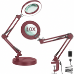 Black 10X LED magnifying lamp shown in base-mount and clamp-mount setups with USB power adapter
