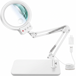 Black 10X LED magnifying lamp shown in base-mount and clamp-mount setups with USB power adapter