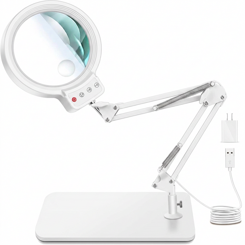 Black 10X LED magnifying lamp shown in base-mount and clamp-mount setups with USB power adapter