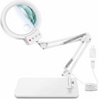Black 10X LED magnifying lamp shown in base-mount and clamp-mount setups with USB power adapter