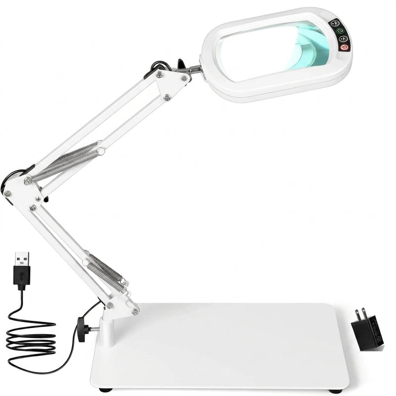 Black 10X LED magnifying lamp shown in base-mount and clamp-mount setups with USB power adapter