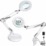 Black 10X LED magnifying lamp shown in base-mount and clamp-mount setups with USB power adapter