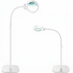 Black 10X LED magnifying lamp shown in base-mount and clamp-mount setups with USB power adapter