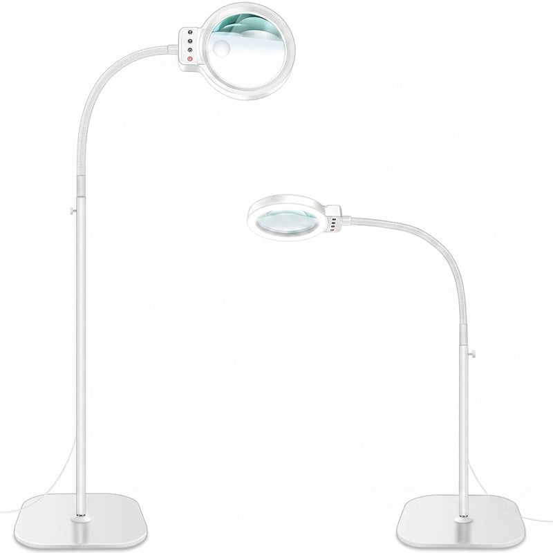 Black 10X LED magnifying lamp shown in base-mount and clamp-mount setups with USB power adapter