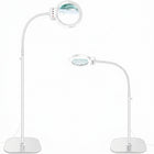 Black 10X LED magnifying lamp shown in base-mount and clamp-mount setups with USB power adapter