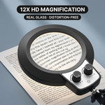 Black LED magnifying lamp glowing in a dim room, showing 5 color modes and stepless brightness dimming