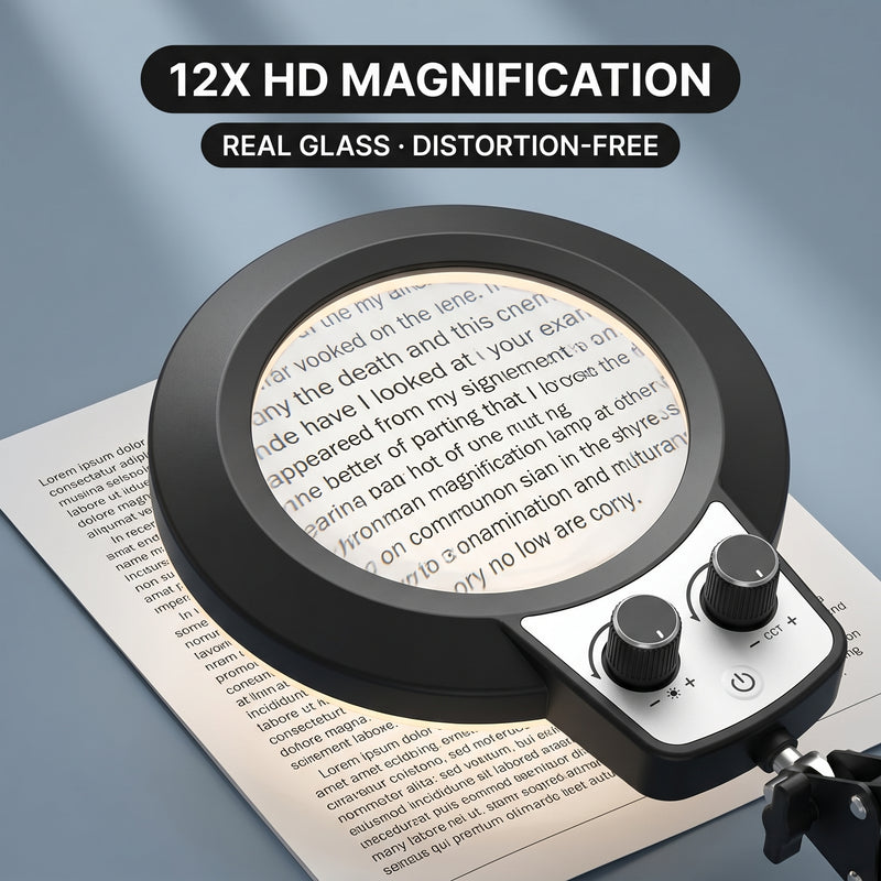 Black LED magnifying lamp glowing in a dim room, showing 5 color modes and stepless brightness dimming