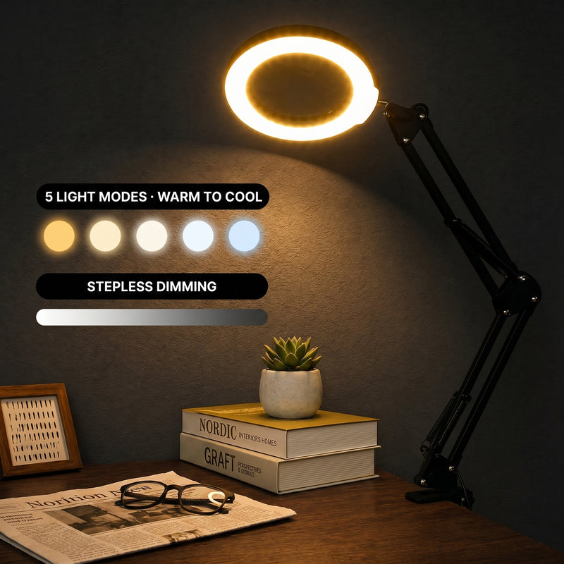 Black LED magnifying lamp glowing in a dim room, showing 5 color modes and stepless brightness dimming