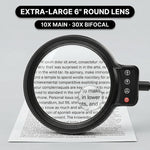 Black LED magnifying lamp glowing in a dim room, showing 5 color modes and stepless brightness dimming
