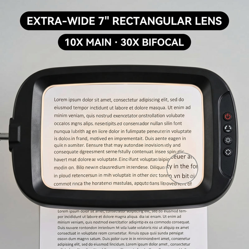 Black LED magnifying lamp glowing in a dim room, showing 5 color modes and stepless brightness dimming