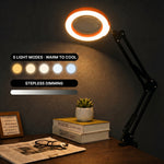 Black LED magnifying lamp glowing in a dim room, showing 5 color modes and stepless brightness dimming