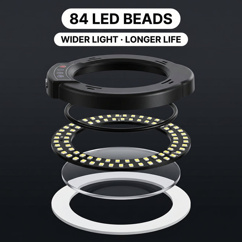 Black LED magnifying lamp glowing in a dim room, showing 5 color modes and stepless brightness dimming