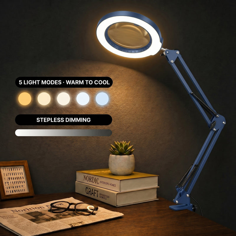 Black LED magnifying lamp glowing in a dim room, showing 5 color modes and stepless brightness dimming