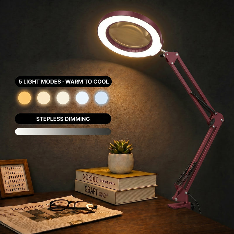 Black LED magnifying lamp glowing in a dim room, showing 5 color modes and stepless brightness dimming