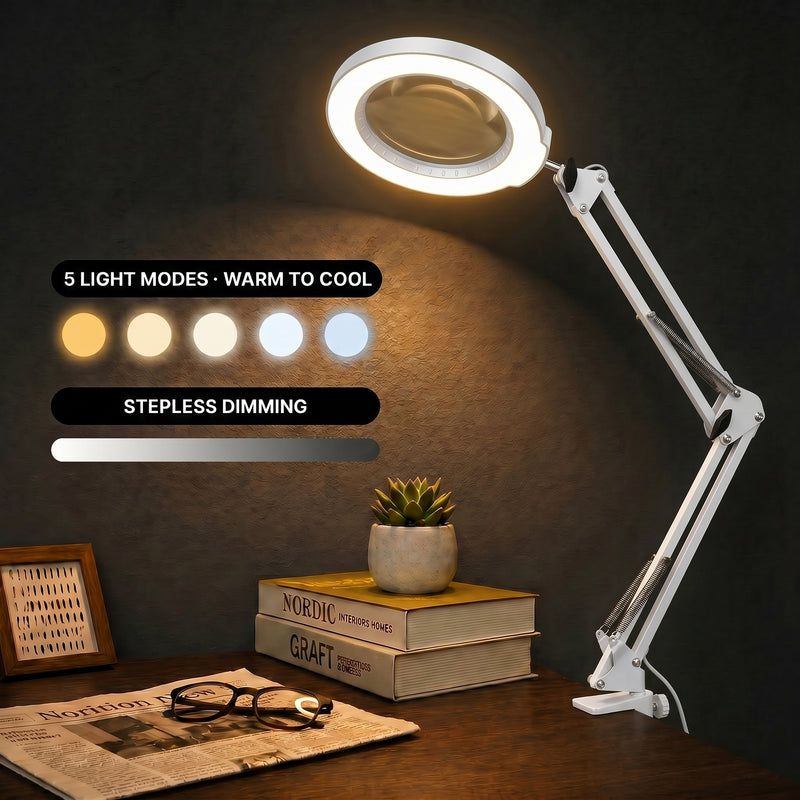 Black LED magnifying lamp glowing in a dim room, showing 5 color modes and stepless brightness dimming