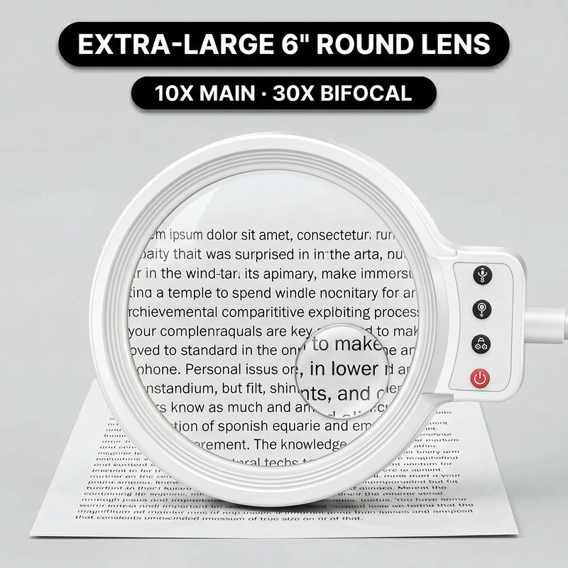 Black LED magnifying lamp glowing in a dim room, showing 5 color modes and stepless brightness dimming