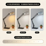 Split image comparing the LED magnifying lamp's base-mount reading setup and clamp-mount workbench setup