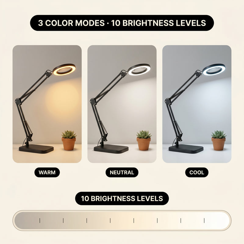 Split image comparing the LED magnifying lamp's base-mount reading setup and clamp-mount workbench setup