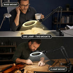 Split image comparing the LED magnifying lamp's base-mount reading setup and clamp-mount workbench setup