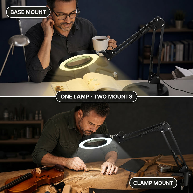 Split image comparing the LED magnifying lamp's base-mount reading setup and clamp-mount workbench setup