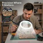 Split image comparing the LED magnifying lamp's base-mount reading setup and clamp-mount workbench setup