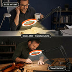 Split image comparing the LED magnifying lamp's base-mount reading setup and clamp-mount workbench setup