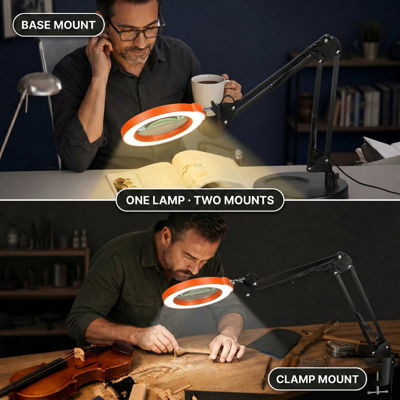 Split image comparing the LED magnifying lamp's base-mount reading setup and clamp-mount workbench setup