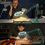 Split image comparing the LED magnifying lamp's base-mount reading setup and clamp-mount workbench setup