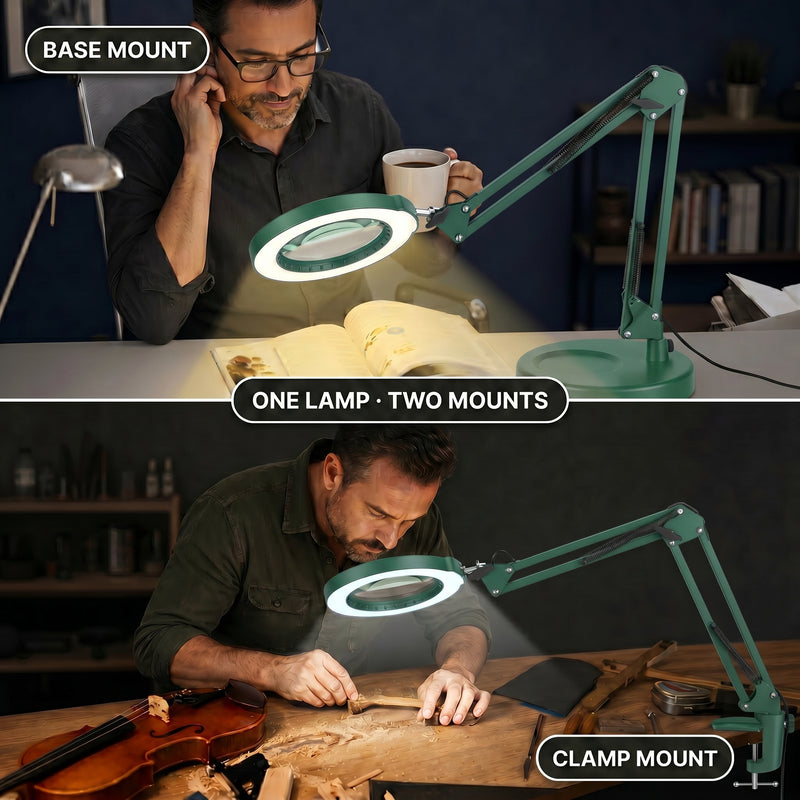 Split image comparing the LED magnifying lamp's base-mount reading setup and clamp-mount workbench setup