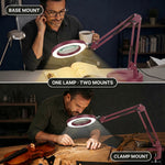 Split image comparing the LED magnifying lamp's base-mount reading setup and clamp-mount workbench setup